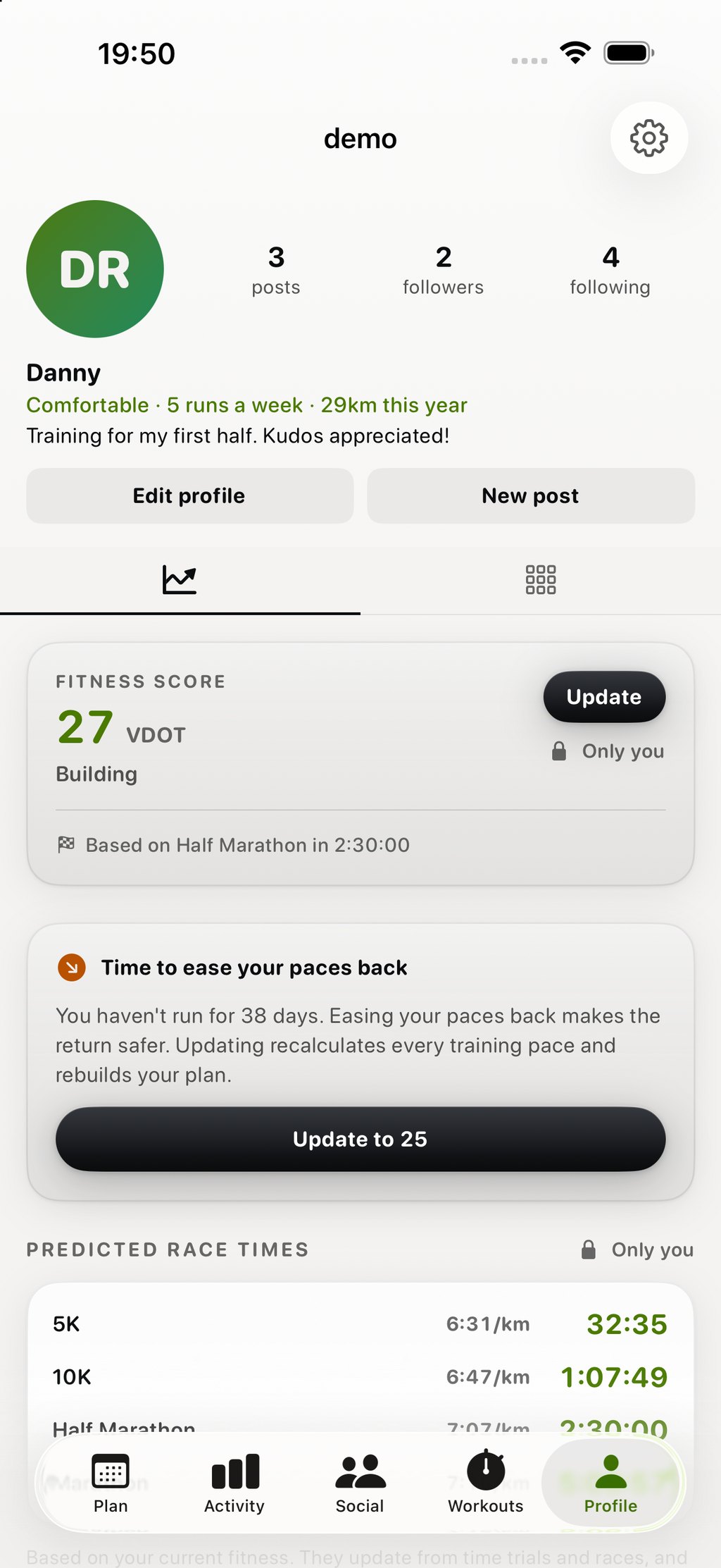 The profile screen offering to ease paces back after 38 days without running, with an Update to 25 button.