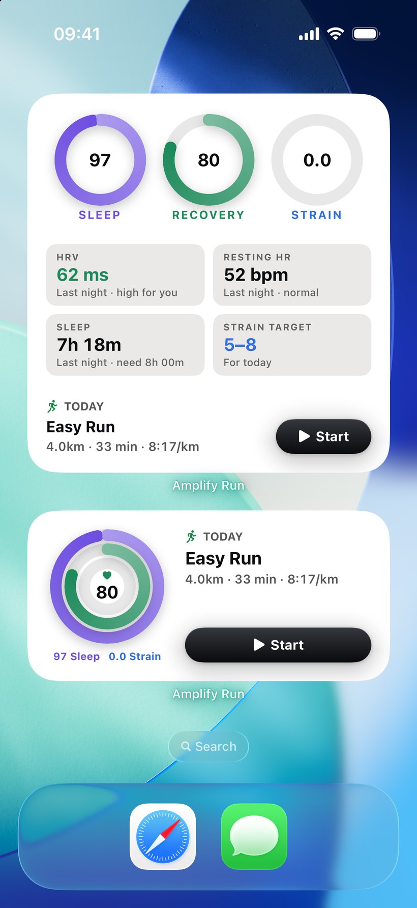 Two Amplify Run widgets on an iPhone Home Screen: a large one with sleep, recovery and strain rings, HRV, resting heart rate, sleep and strain target, and today's run; and a medium one with nested rings beside today's run and a Start button.