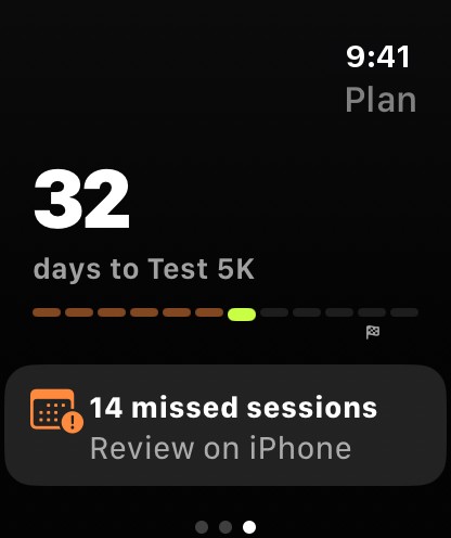 The watch app's Plan page: 32 days to the race, a week-by-week timeline, and a note about missed sessions.