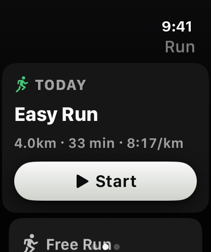 The watch app showing today's session, Easy Run, 4km at 8:17 per kilometre, with a Start button.