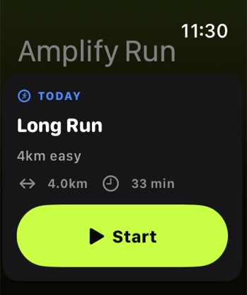 The watch app showing today's session, Long Run, 4km easy, with a Start button.